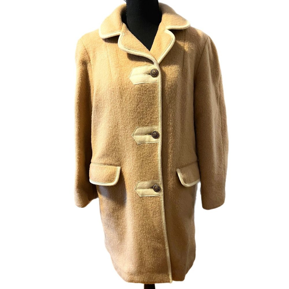 1960s mod coat, camel with cream piping , arrow button accents
